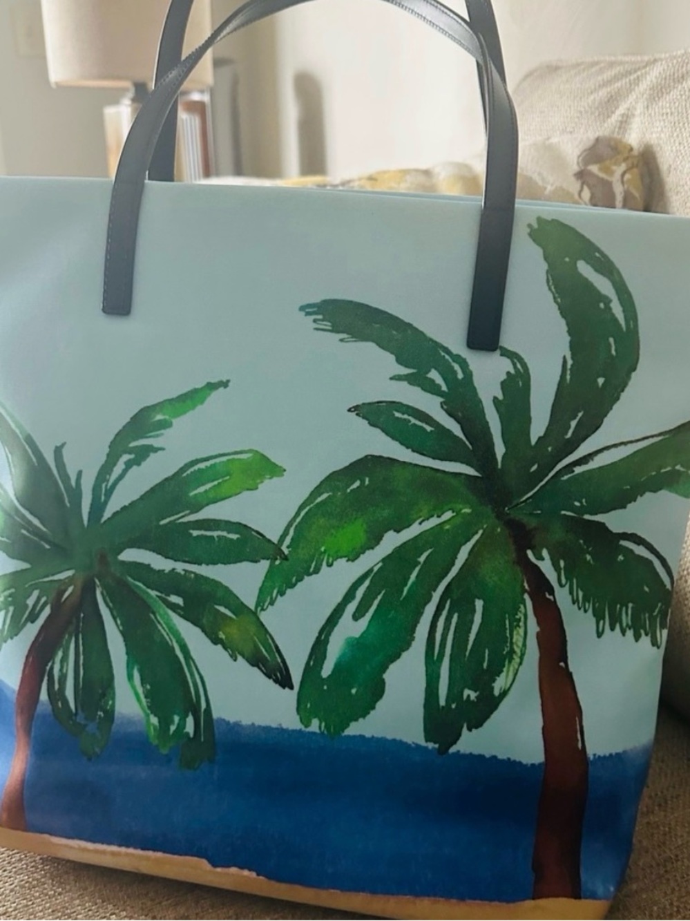 kate spade light blue palm print tote with black straps - Picture 11 of 11
